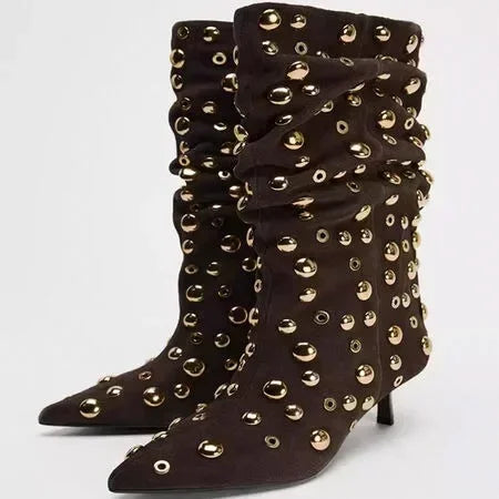 Sexy Rivet Pleated High Heel Pointed Gothic Boot