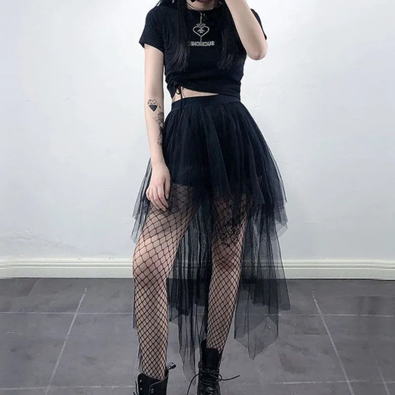 Black Tulle High Waist Midi Skirt