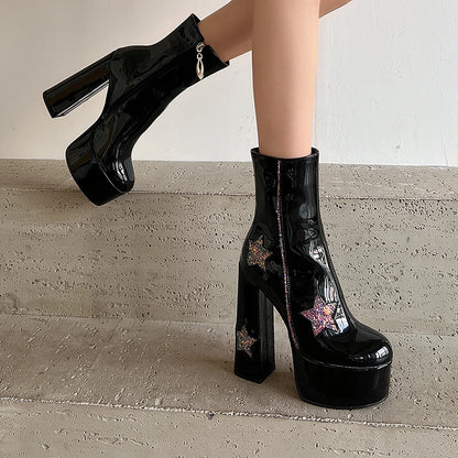 Patent Leather Sequin Platform Gothic Zipper Short Boot
