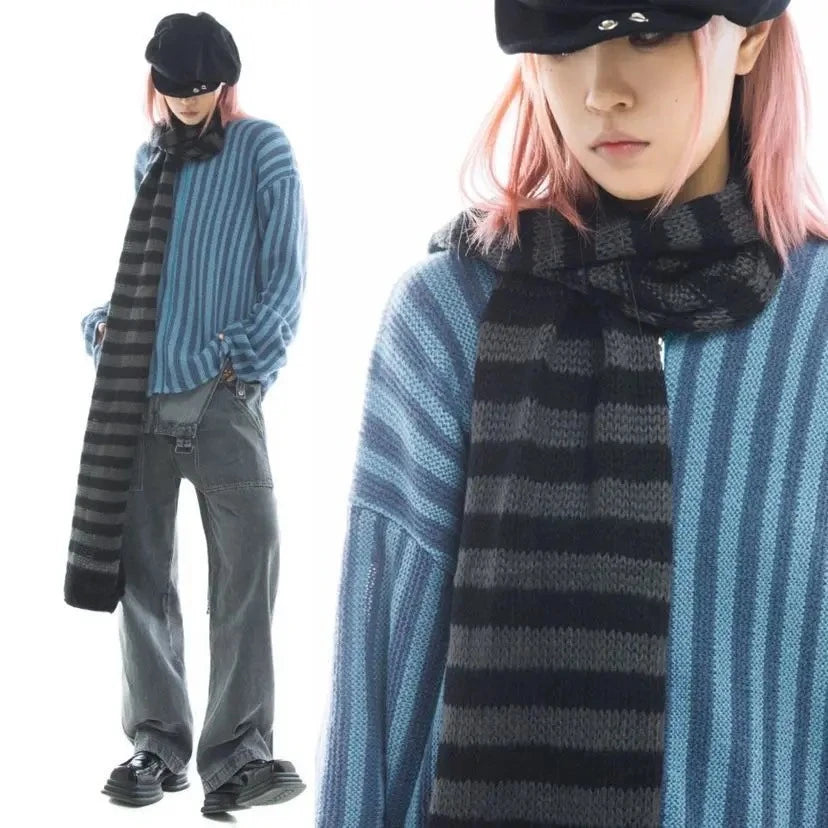 Striped Jacquard Knitted Harajuku Punk Gothic Warm Scarf Secondary image