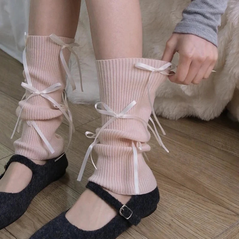 Gothic Bow Knitted Ballet Pink Sock