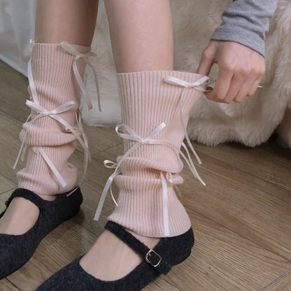 Gothic Bow Knitted Ballet Pink Sock