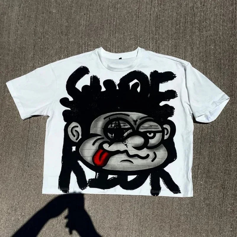 Face Pattern Print Oversized Cotton T-shirt