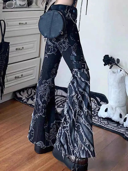 Punk Gothic Black Print Flare Pant