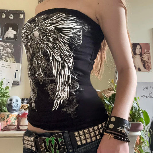 Gothic Print Strapless Black Crop Top