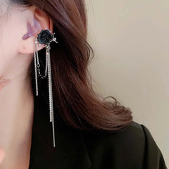 Black Flower Tassel Zircon Ear Cuff Earring