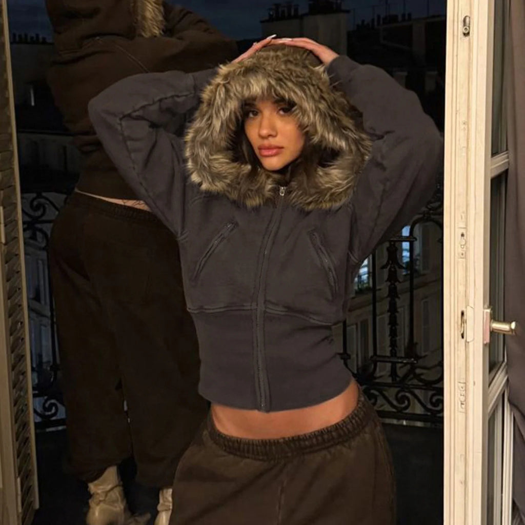 Faux Fur Trim Hooded Crop Jacket
