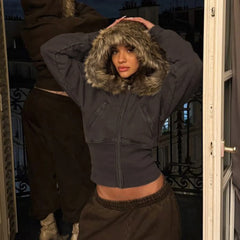 Faux Fur Trim Hooded Crop Jacket