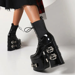 Metal Belt Buckle Thick Heel Gothic Ankle Boot