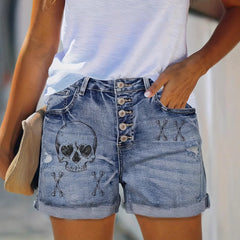 Curled Hem Punk Graphic Shorts