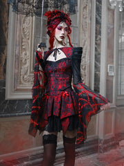 Gothic Red Black Rose Lace Blouse
