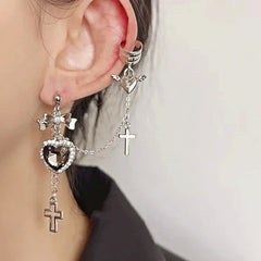 Punk Vintage Metal Cross Black Heart Earring