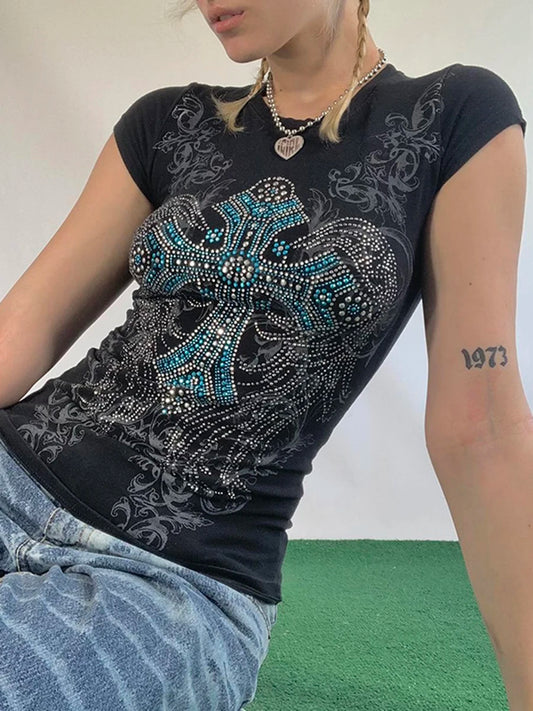 Gothic Rhinestone Short Sleeve Crop Top