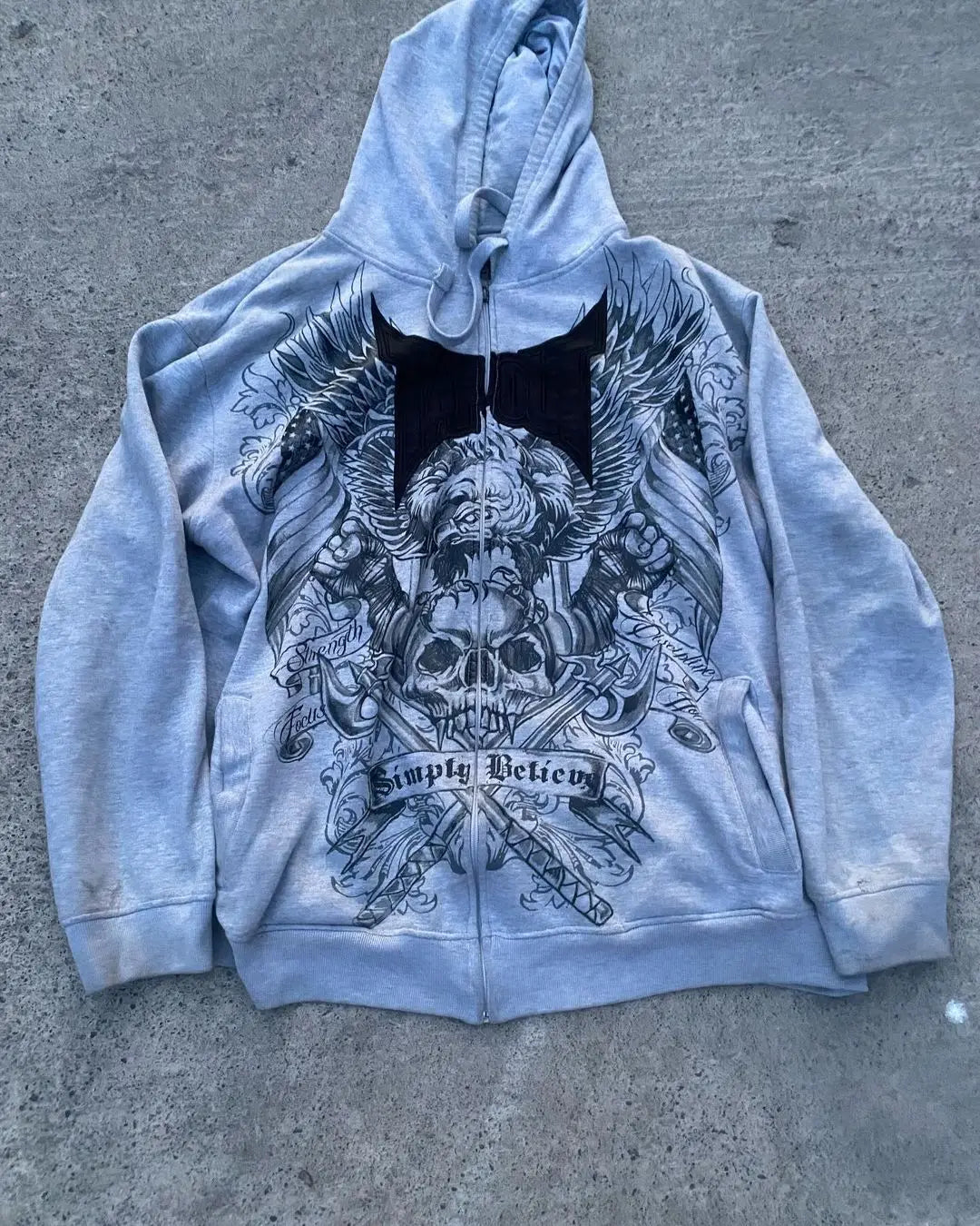 Gothic Skull Print Grey Zip Hoodie Main image