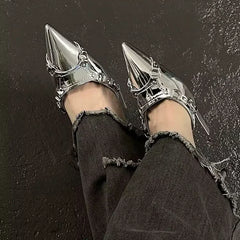 Y2K Silver Punk Gothic Pointed Toe High Heel