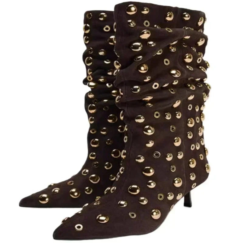 Sexy Rivet Pleated High Heel Pointed Gothic Boot