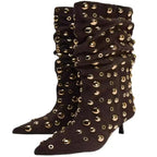 Sexy Rivet Pleated High Heel Pointed Gothic Boot