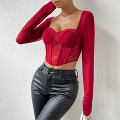 V Neck Long Sleeve Mesh Crop Top