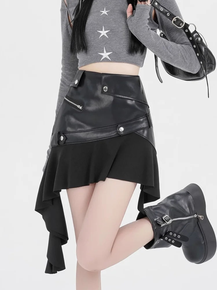 Irregular PU Leather Ruffle Skirt