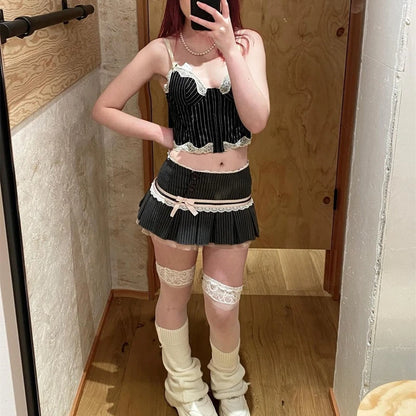 Black Stripe Y2K Lace Strap Tank Crop Top