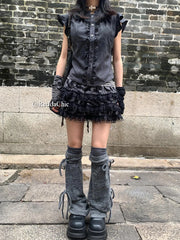 Lace Trim Puffy Ruffle Skirt