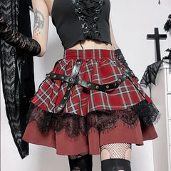 Plaid Pleated Lace Kawaii Skirt
