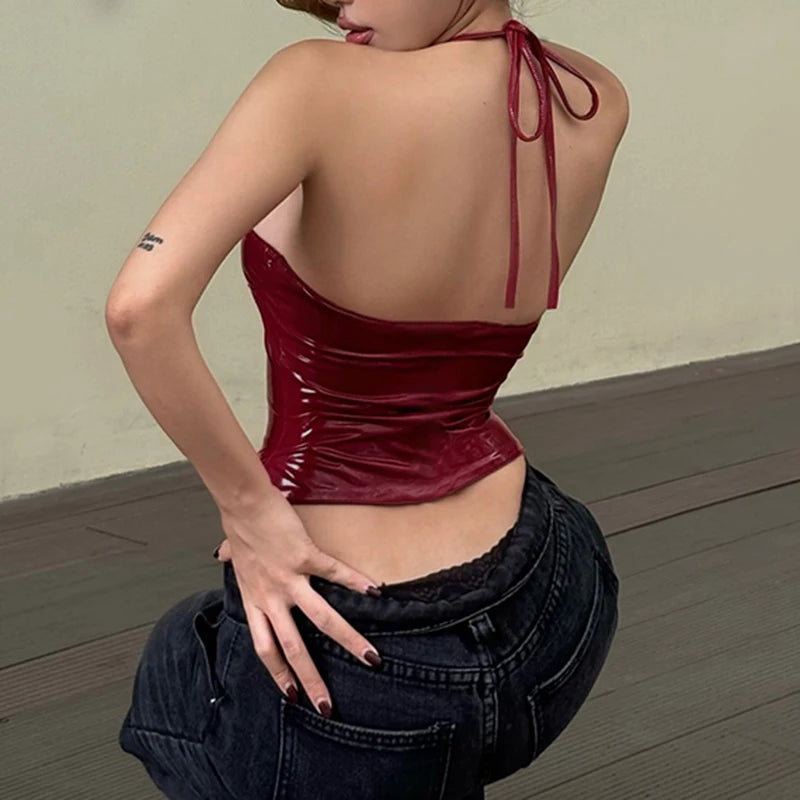 Metal Button PU Leather Punk Halter Crop Top