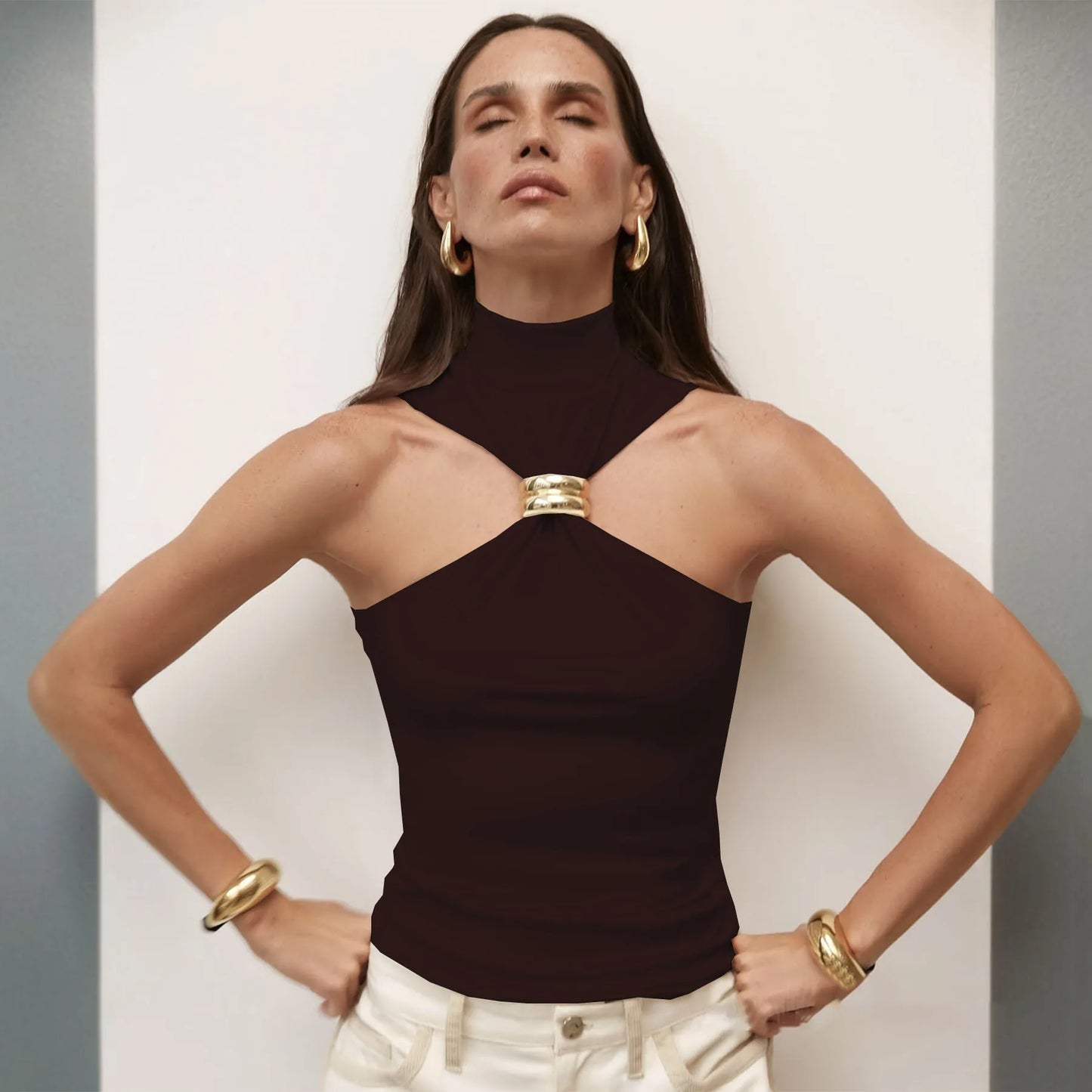 Metal Ring Knit Turtleneck Crop Top