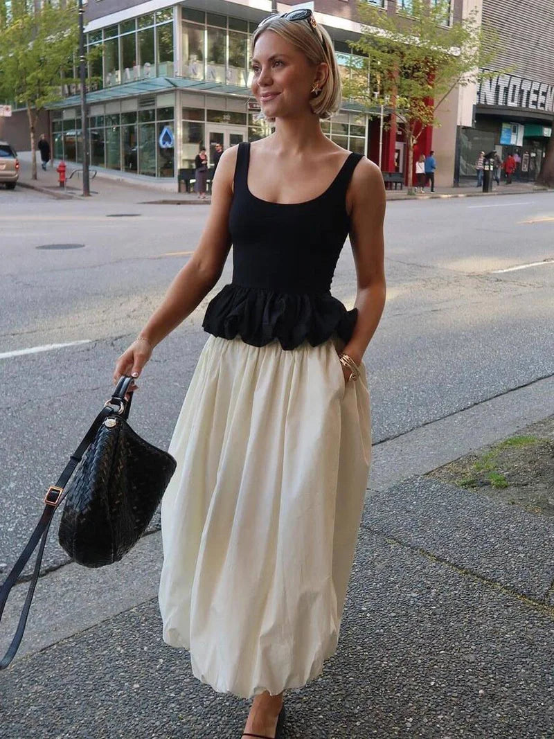 Square Neck Peplum Bubble Hem Crop Top