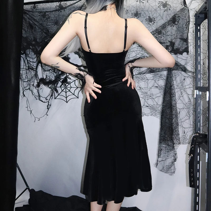 Backless Velvet Lace Patchwork Midi Dress