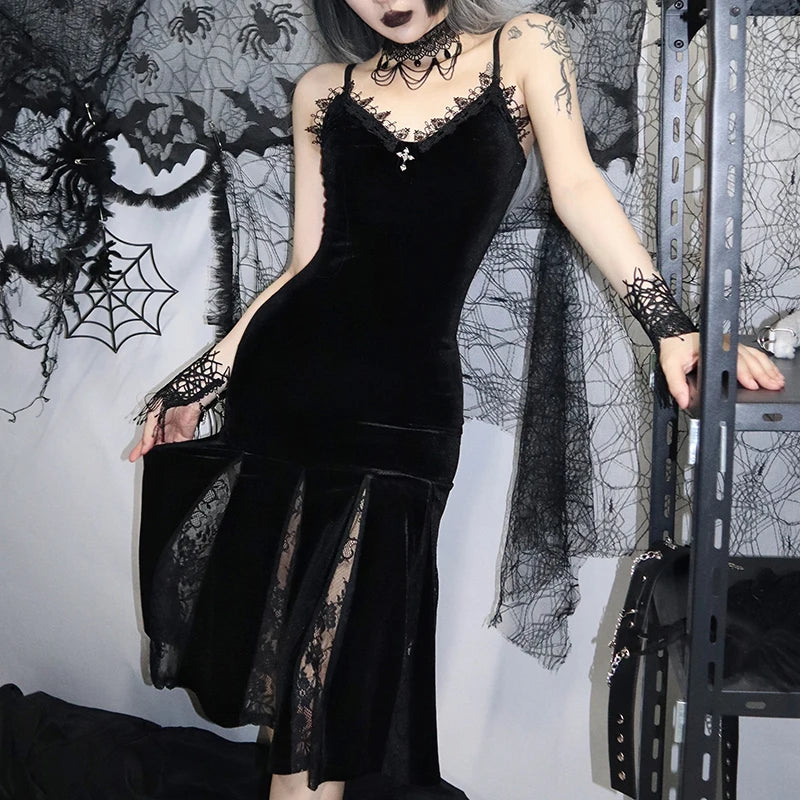 Backless Velvet Lace Patchwork Midi Dress