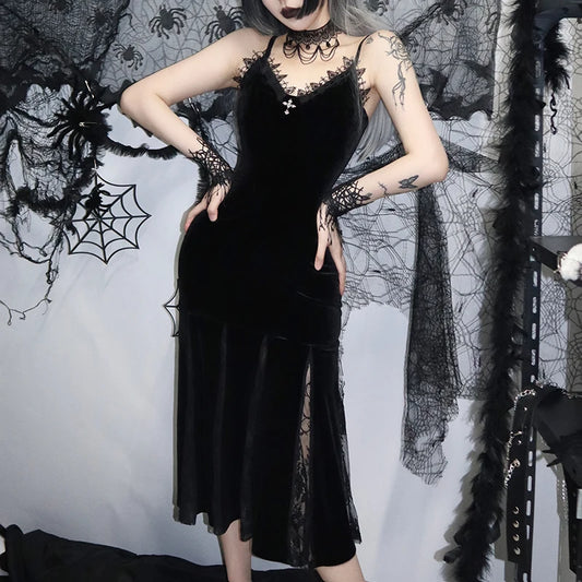 Backless Velvet Lace Patchwork Midi Dress