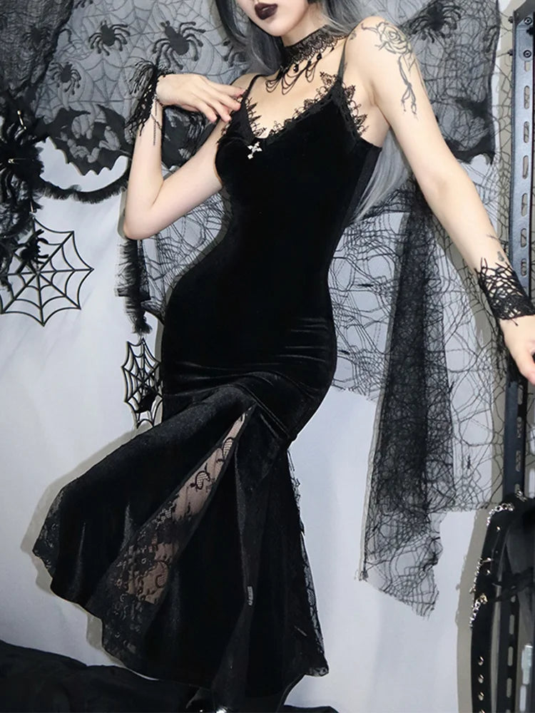 Backless Velvet Lace Patchwork Midi Dress