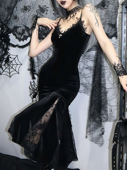 Backless Velvet Lace Patchwork Midi Dress