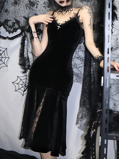Backless Velvet Lace Patchwork Midi Dress