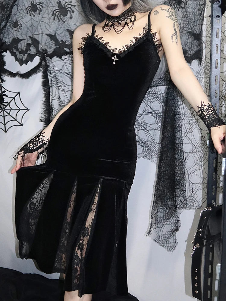 Backless Velvet Lace Patchwork Midi Dress