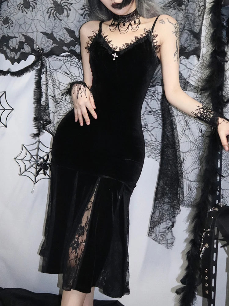 Backless Velvet Lace Patchwork Midi Dress Main image