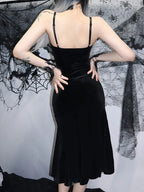 Backless Velvet Lace Patchwork Midi Dress
