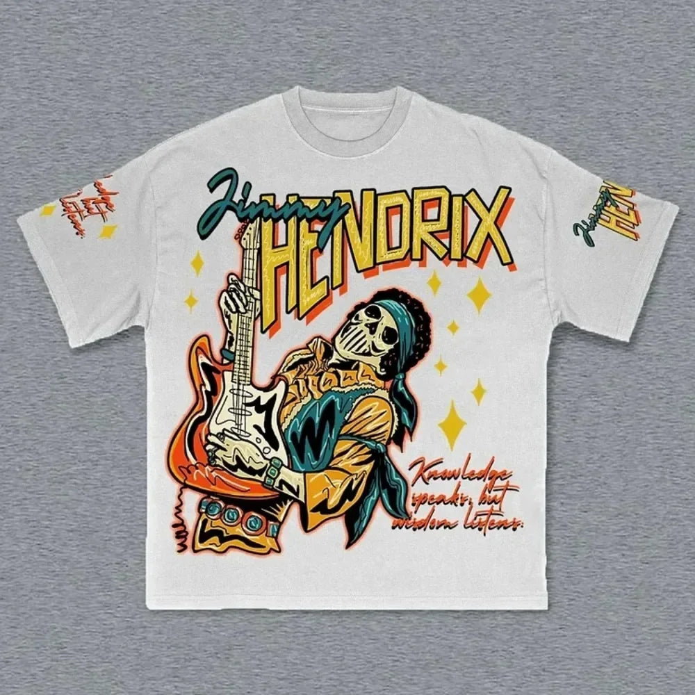 Guitarist Print Round Neck Cotton T-shirt