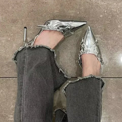 Y2K Silver Punk Gothic Pointed Toe High Heel