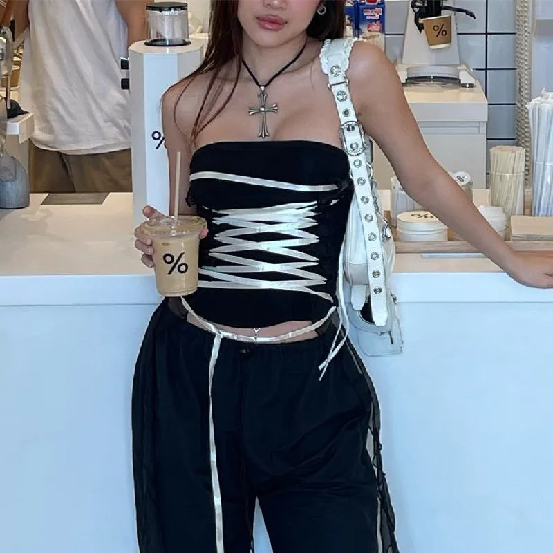 Bandage Strapless Satin Belted Backless Crop Top Main image