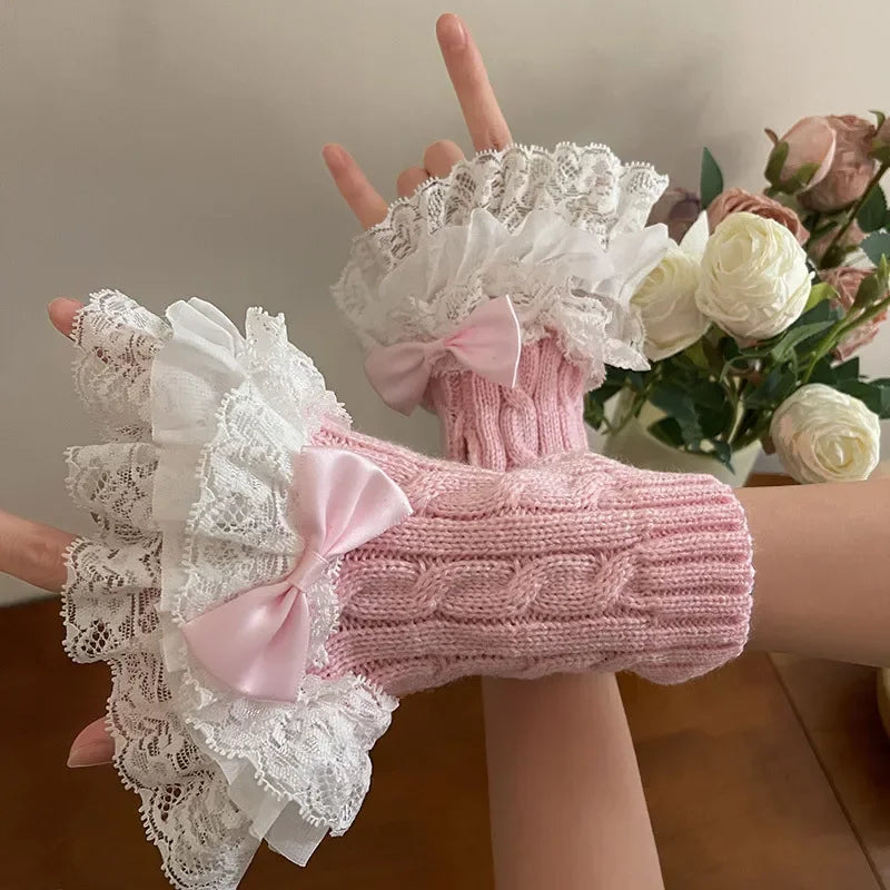 Gothic Lace Bowknot Winter Glove