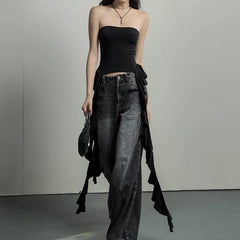 Asymmetrical Fringed Ruffle Black Crop Top