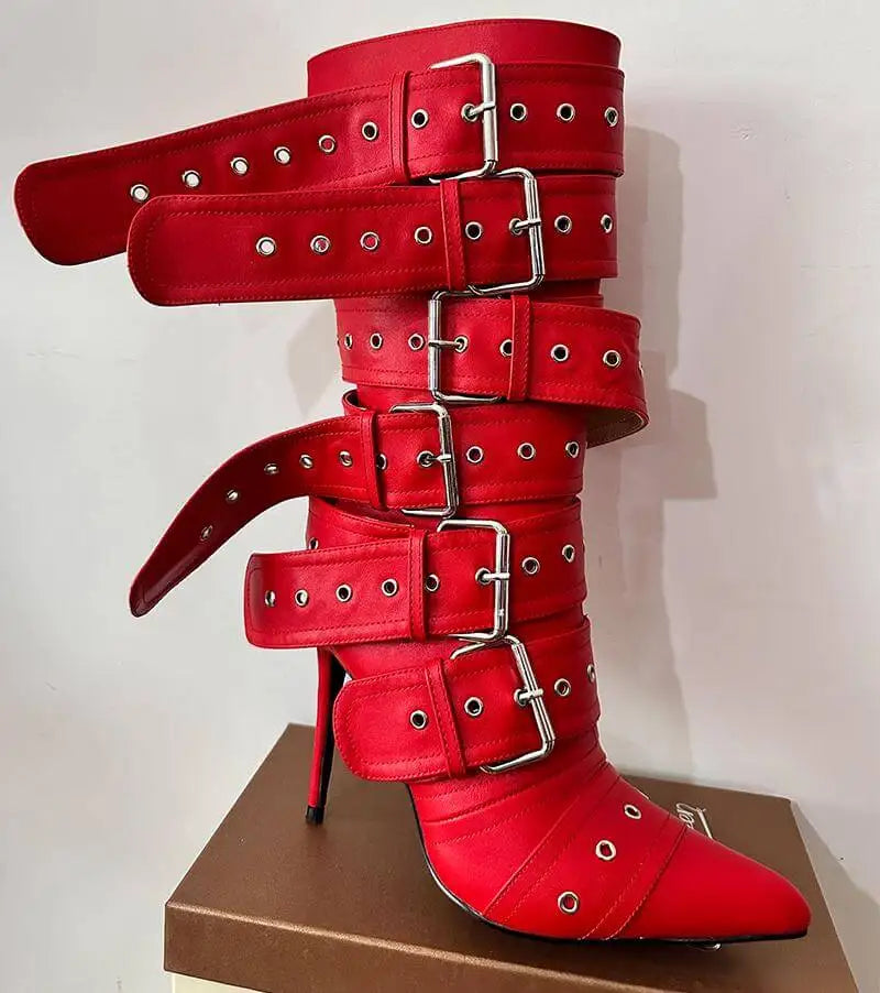 Pointed Toe Mid-Calf Buckle Stiletto Boot