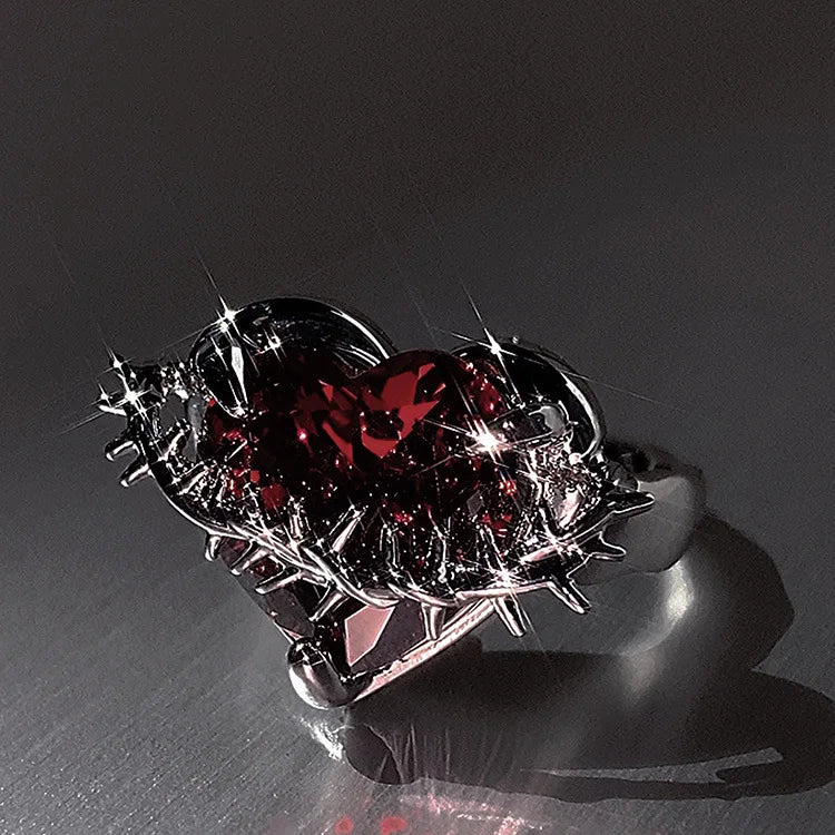 Punk Thorns Vine Red Rhinestones Gothic Ring