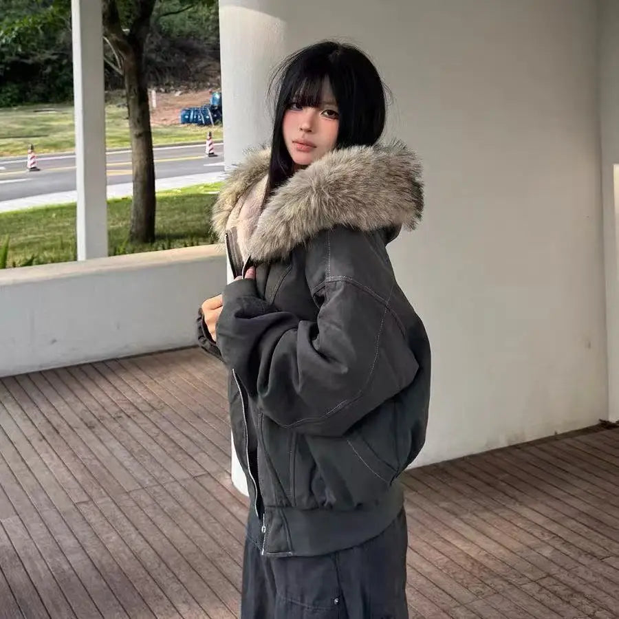 Hooded Stand Collar Plush Coat