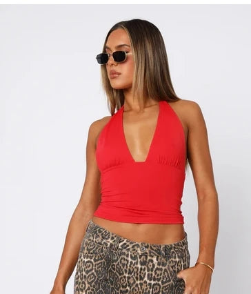 Leopard Print Halter Neck Backless Crop Top