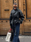 Solid Black Belted Leather Jacket