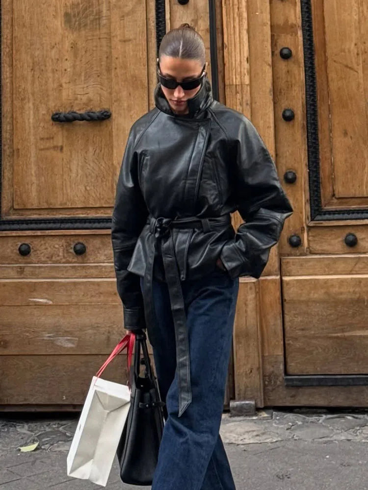 Solid Black Belted Leather Jacket Main image