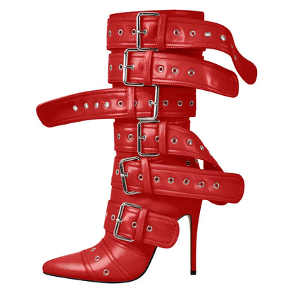 Pointed Toe Mid-Calf Buckle Stiletto Boot